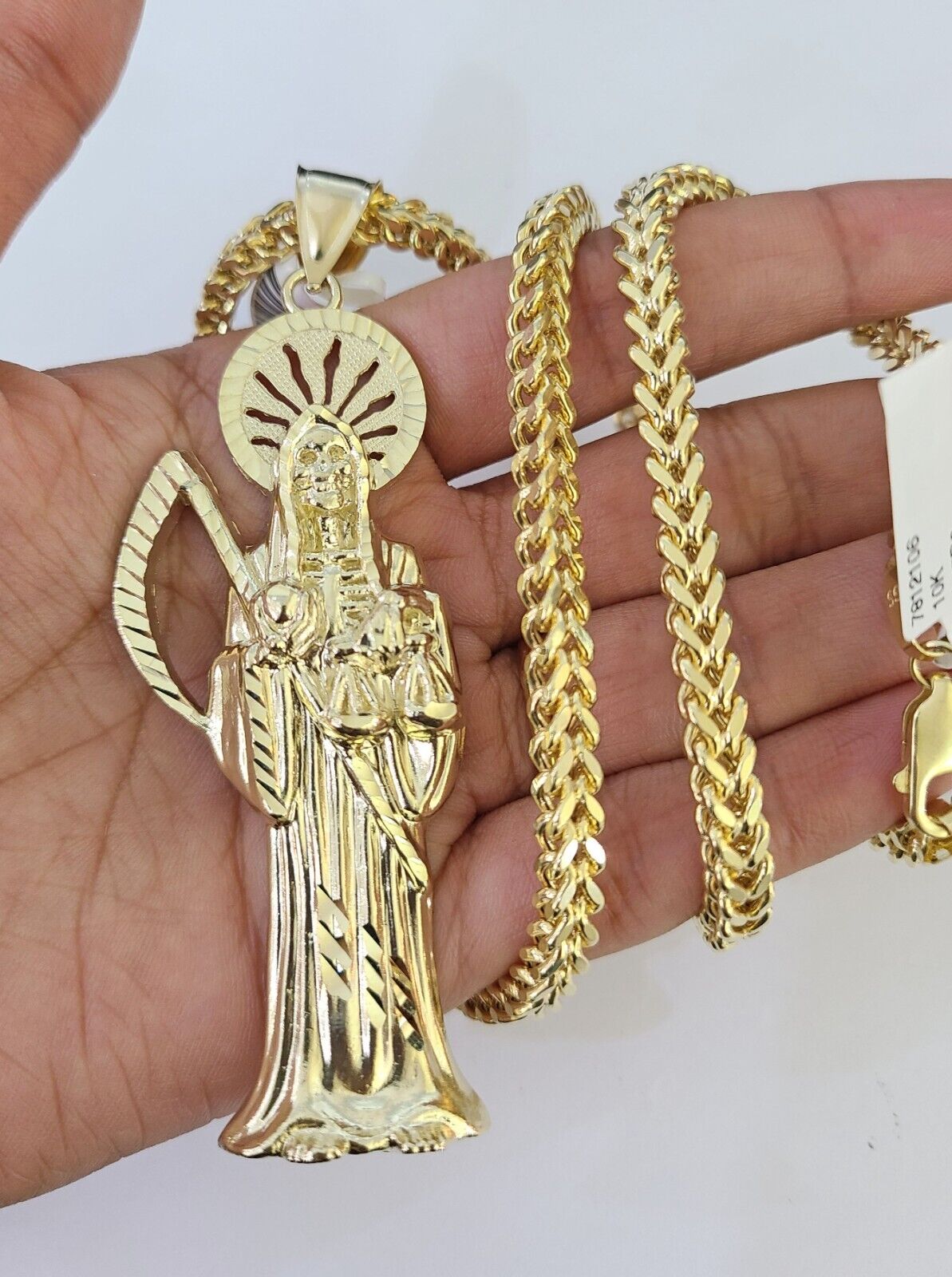 10K Franco Chain Saint Reaper Pendant Charm Necklace 20"-26" 5mm Gold SET Yellow