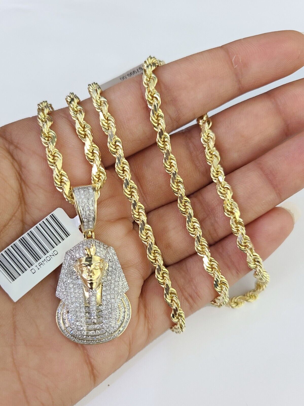 10k Solid Rope Chain Pharaoh Charm Diamond Set 4mm 20"-28" Necklace Gold Yellow