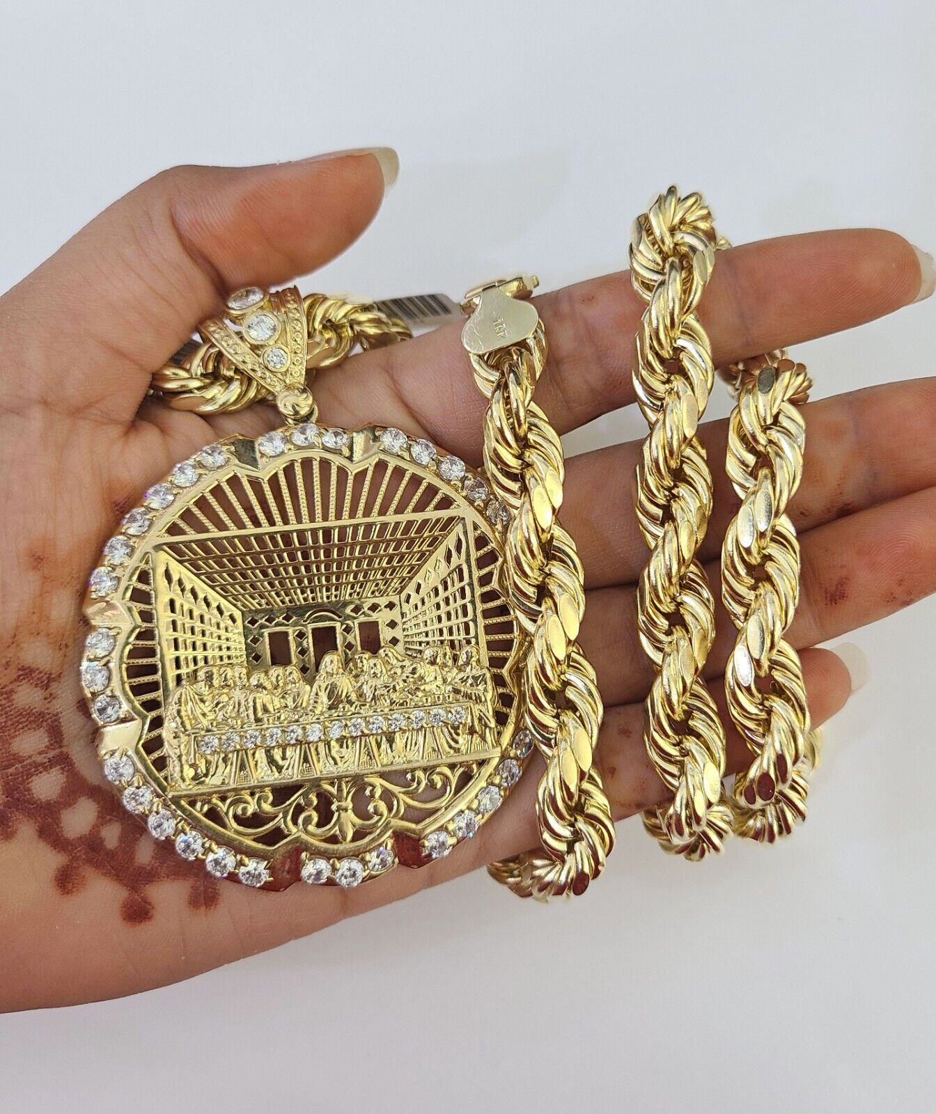 Real 10k Rope Chain Last Supper Charm Set 10mm 20"-30" Inch Necklace Yellow Gold