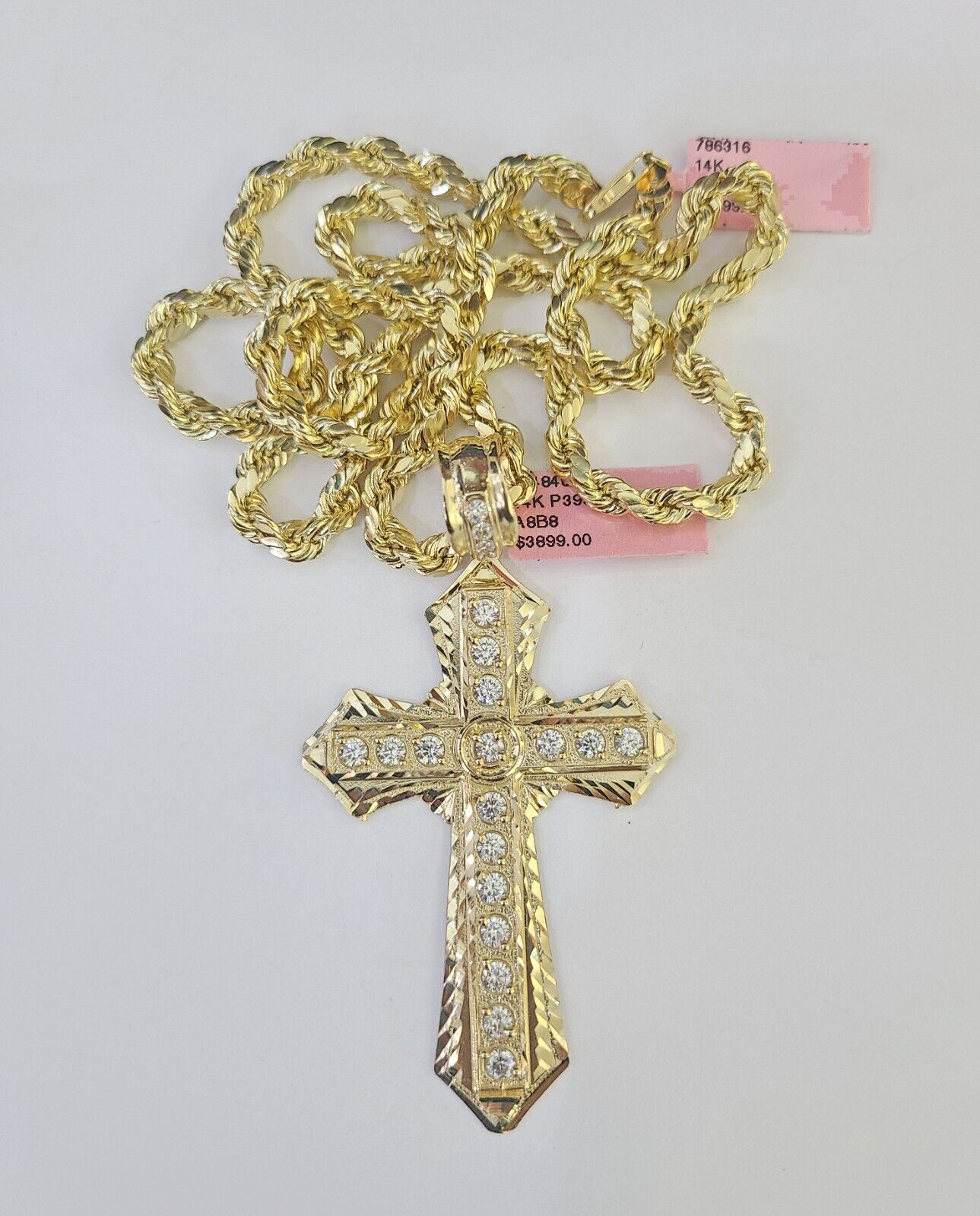 Real 14k Rope Chain Jesus Cross Charm Yellow Gold Set 5mm 20"-30" Necklace