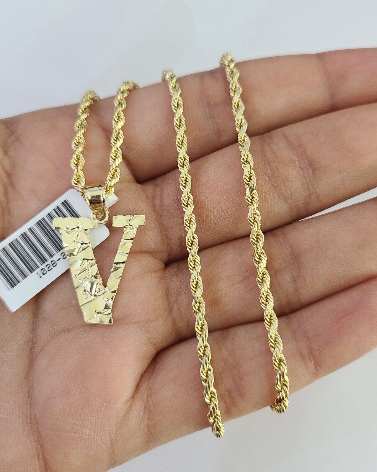 10k Gold Initial V Charm Rope Chain 16"-26" 2.5mm SET Necklace Alphabet Pendant