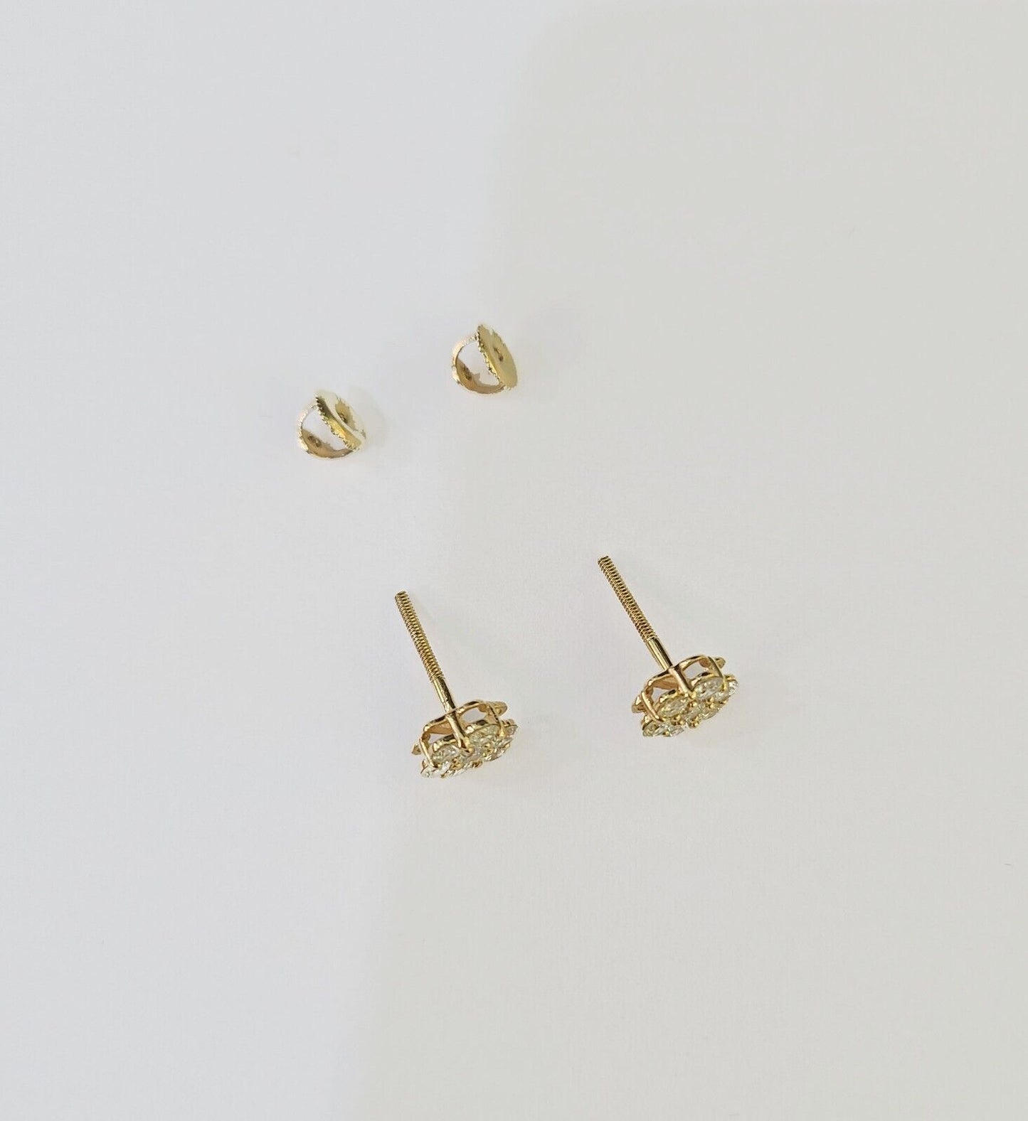 10k Yellow gold Flower Earrings Real Diamond screw-back Women Men studs