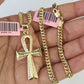 Real 14k Chain Cross Charm Set Miami Cuban Link 4mm Necklace Pendant Yellow Gold