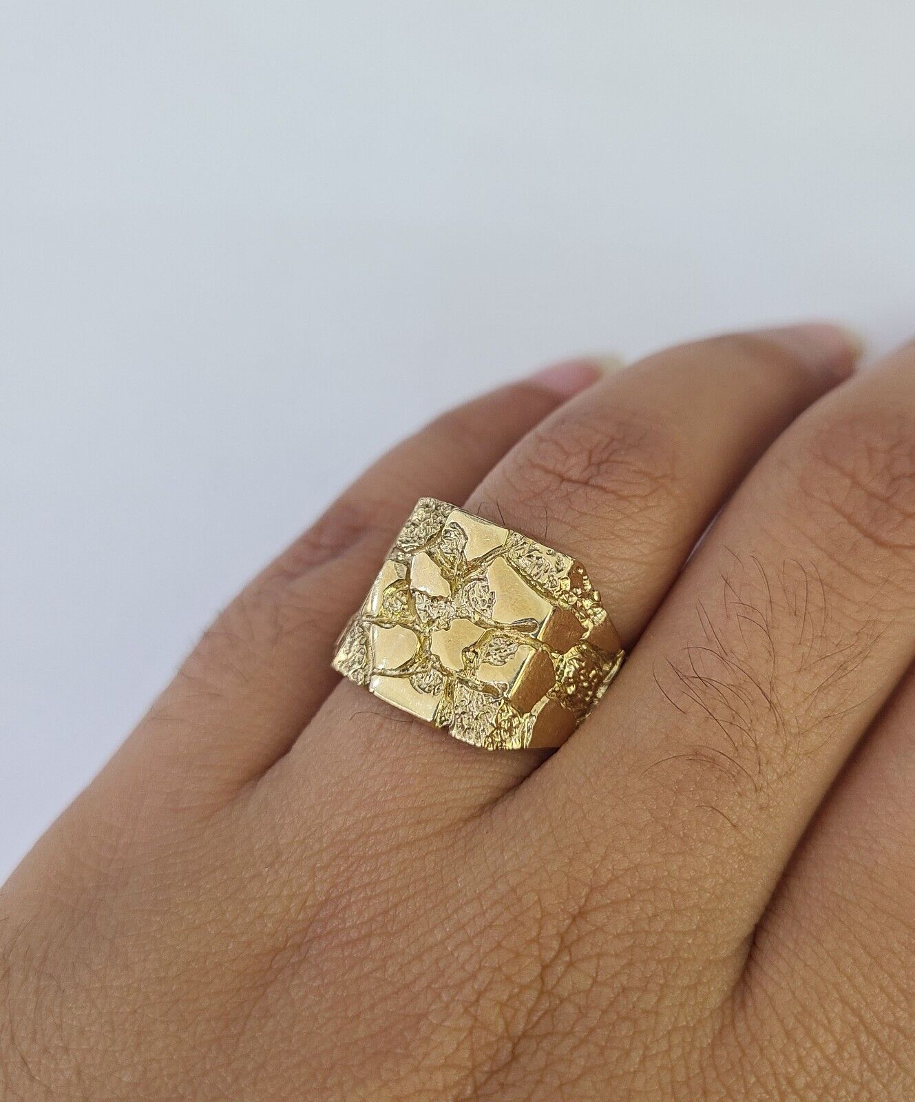 Real 10k Nugget Ring Yellow Gold Men Casual Square Ring 10kt