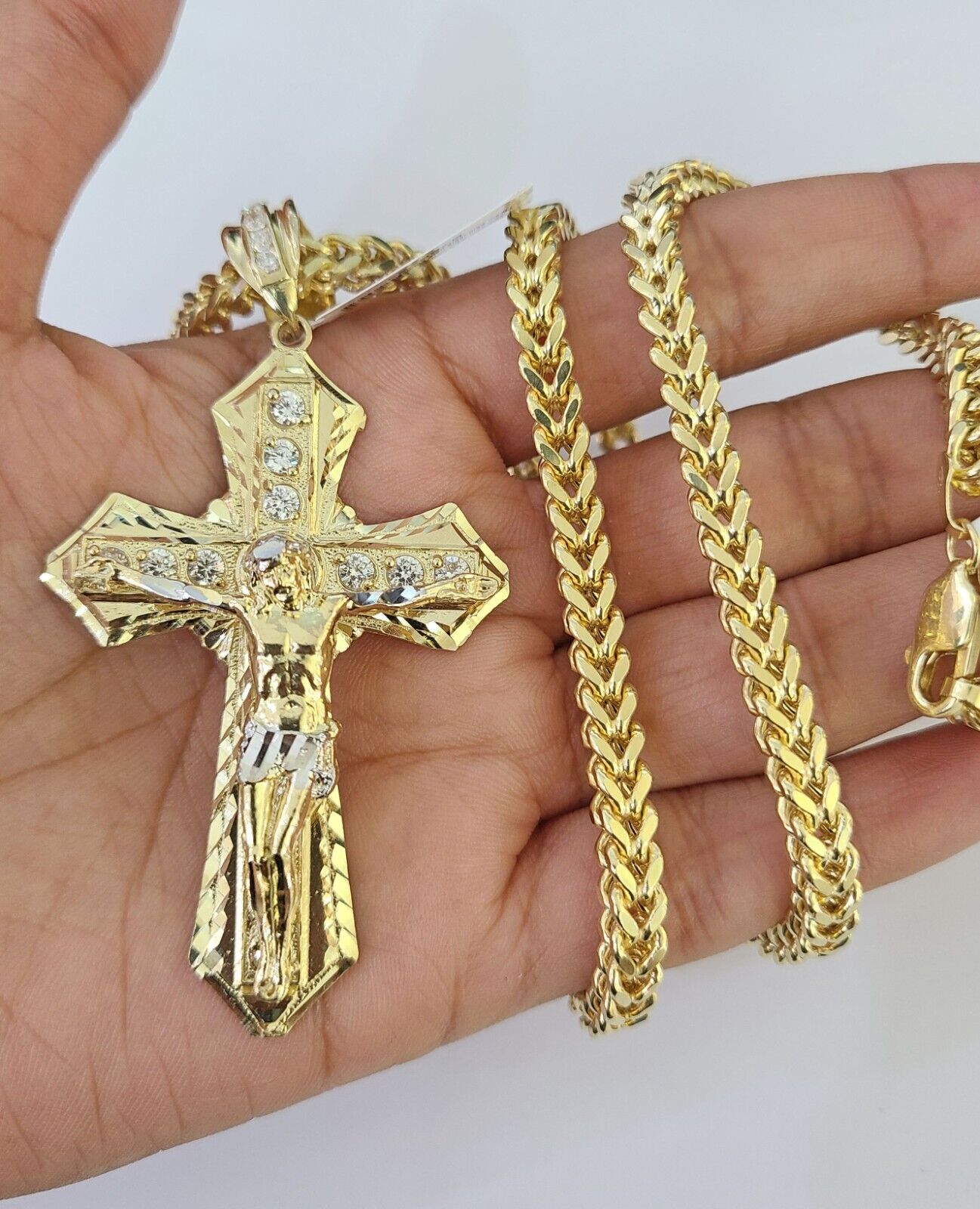 10K Franco Chain Jesus Cross Pendant Charm Necklace 20"-26" 5mm Gold Yellow SET