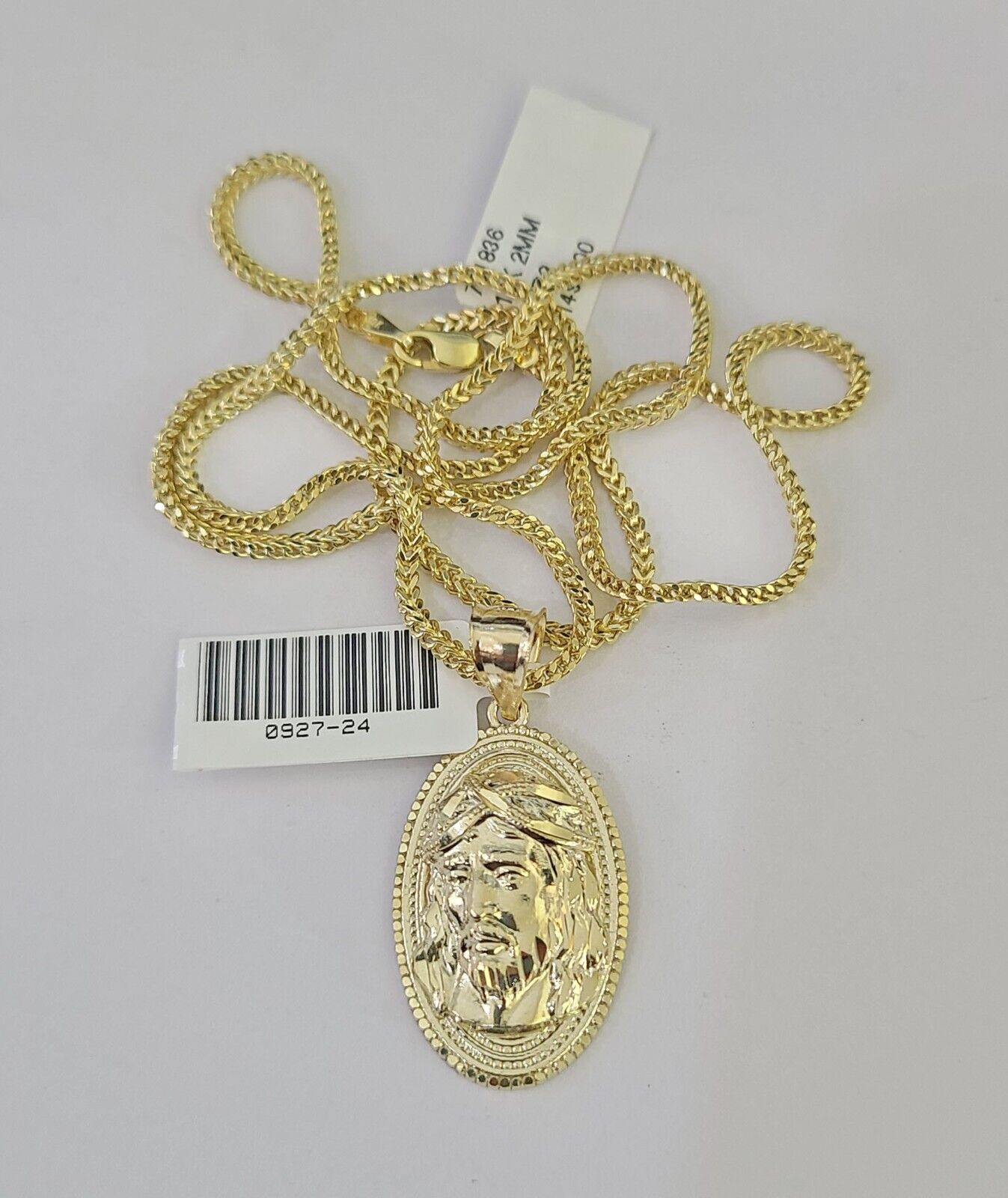 10K Franco Chain Jesus Head Pendant Charm Necklace 16"-24" 2mm Gold SET Yellow