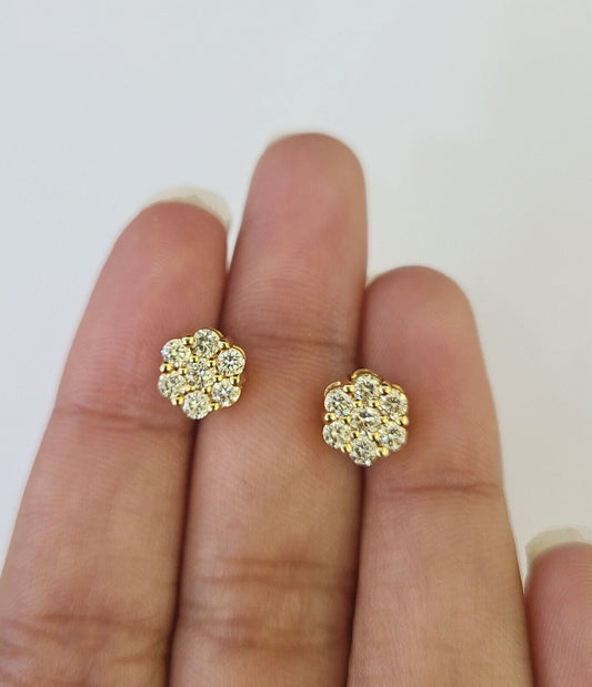 10k Diamond Flower Earrings Yellow gold Real screw-back Women Men Studs