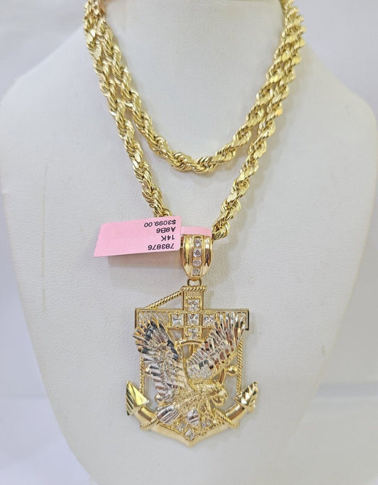 14k Yellow Gold Rope Chain Eagle Anchor Pendant SET 7mm 22" Inch Necklace