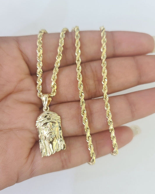 10k Rope Chain Jesus Head Pendant 18"-30" Yellow Gold Set Charm Necklace 3mm