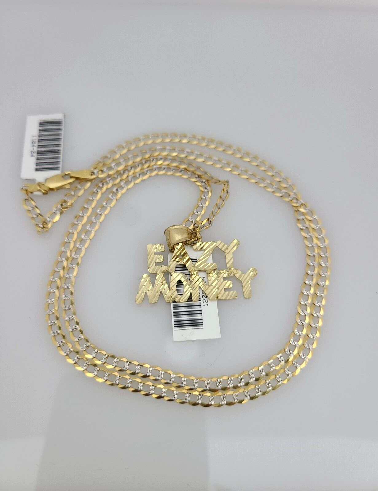 10k Gold Solid Cuban Curb Chain Necklace Eazy Money Pendant Set 3mm 18"-26"
