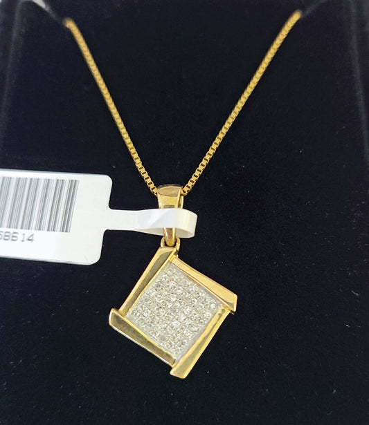 Real 10k Yellow Gold Square Diamond Pendant Box Chain Necklace Set Women