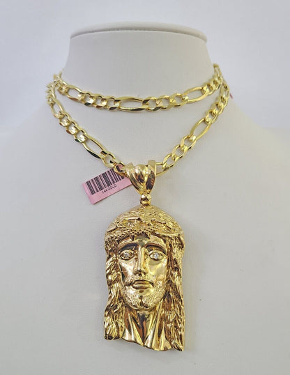 14k Figaro Solid Chain Jesus Head Charm Pendant Gold 7mm 20-30 inch SET Necklace