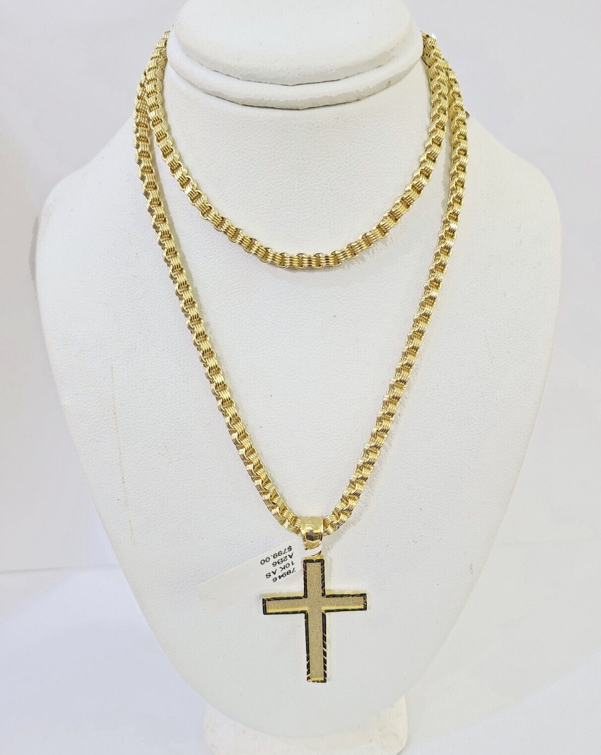 Real 10k Gold Plain Cross Byzantine Chain Necklace 3mm 20" SET 10kt Genuine