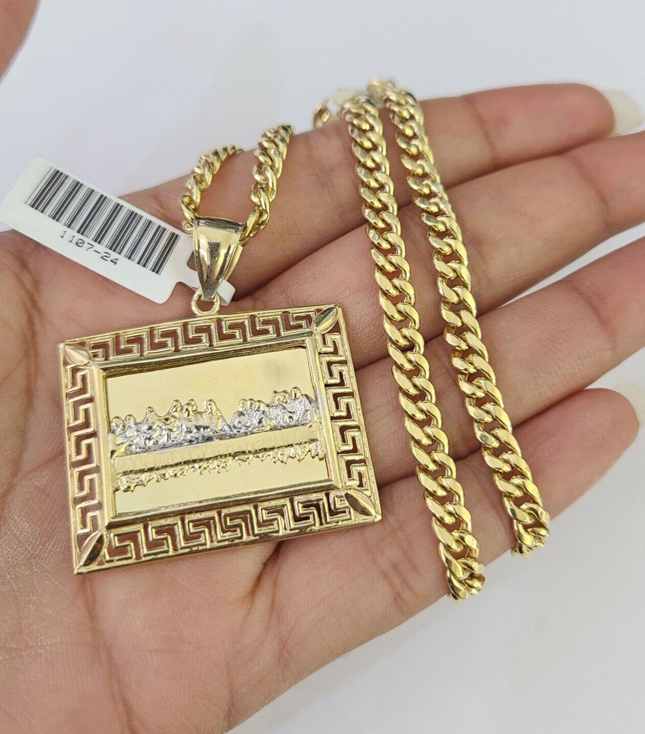 10k Last Supper Charm Miami Cuban Chain Pendant Set 5mm Necklace Yellow Gold