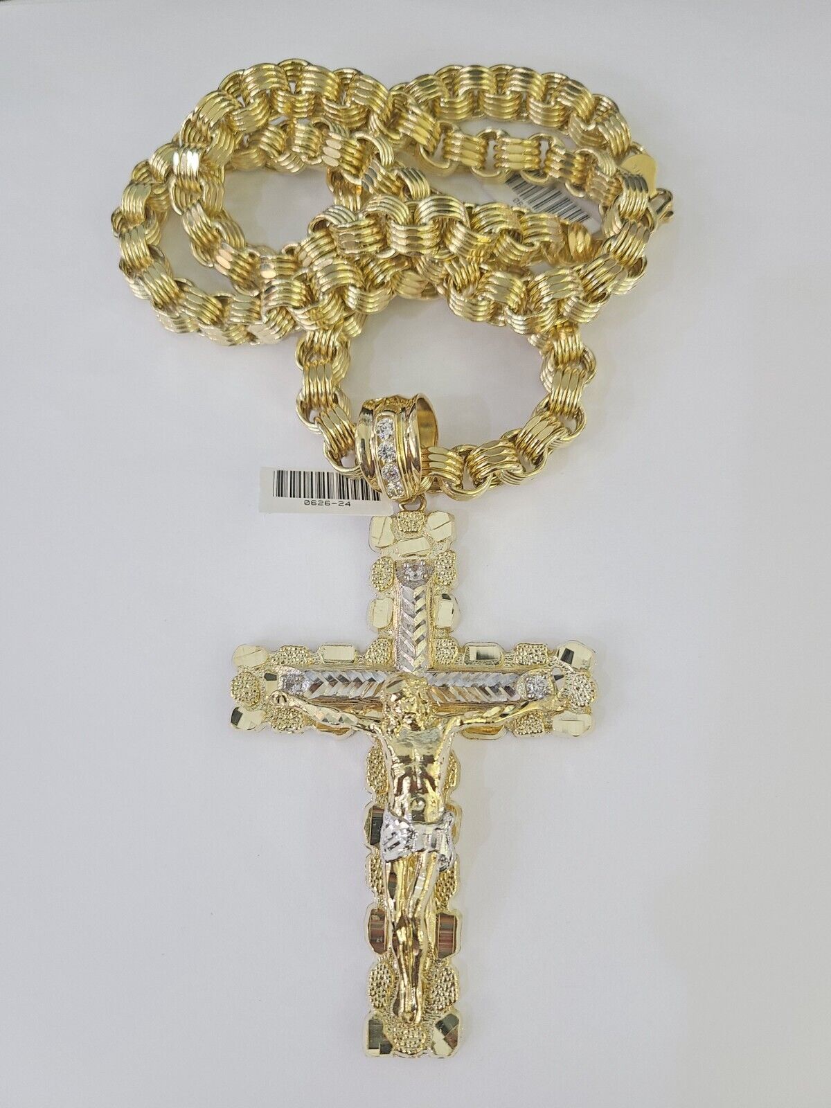 10k Gold Byzantine Necklace Jesus Cross Charm 20-30 inches 9mm REAL SET Chain