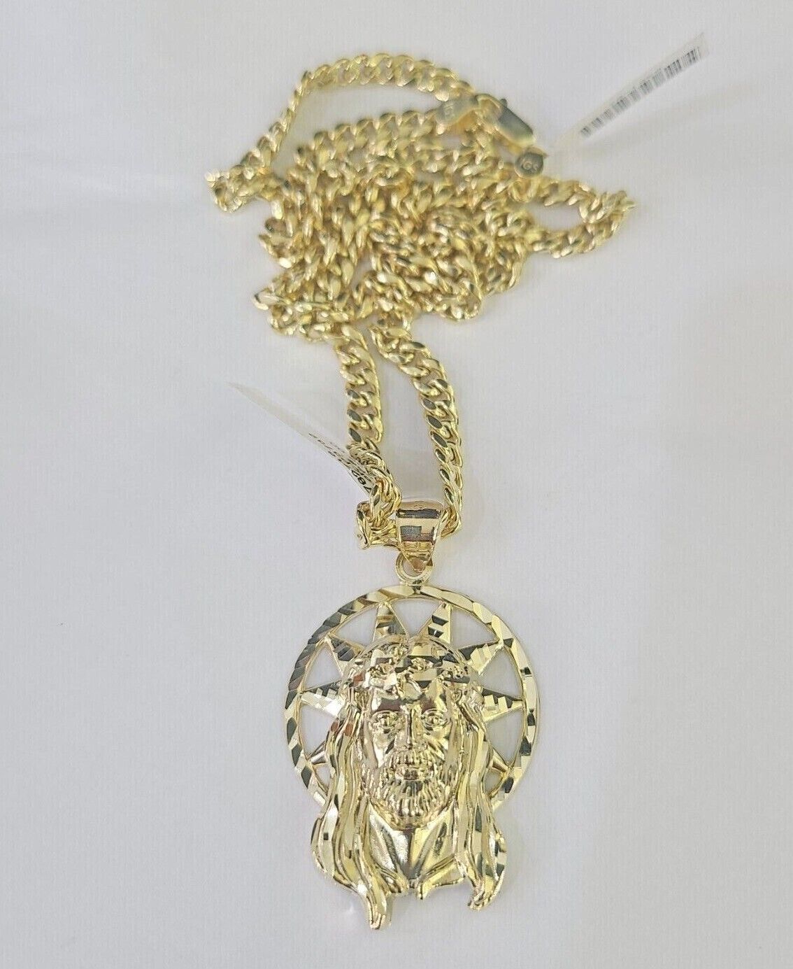 10k Jesus Head Charm Miami Cuban Chain Pendant Set 5mm Necklace Yellow Gold