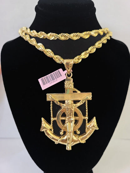 Real 14k Solid Rope Chain Jesus Anchor Charm Set 6mm 18"-30" Necklace Gold