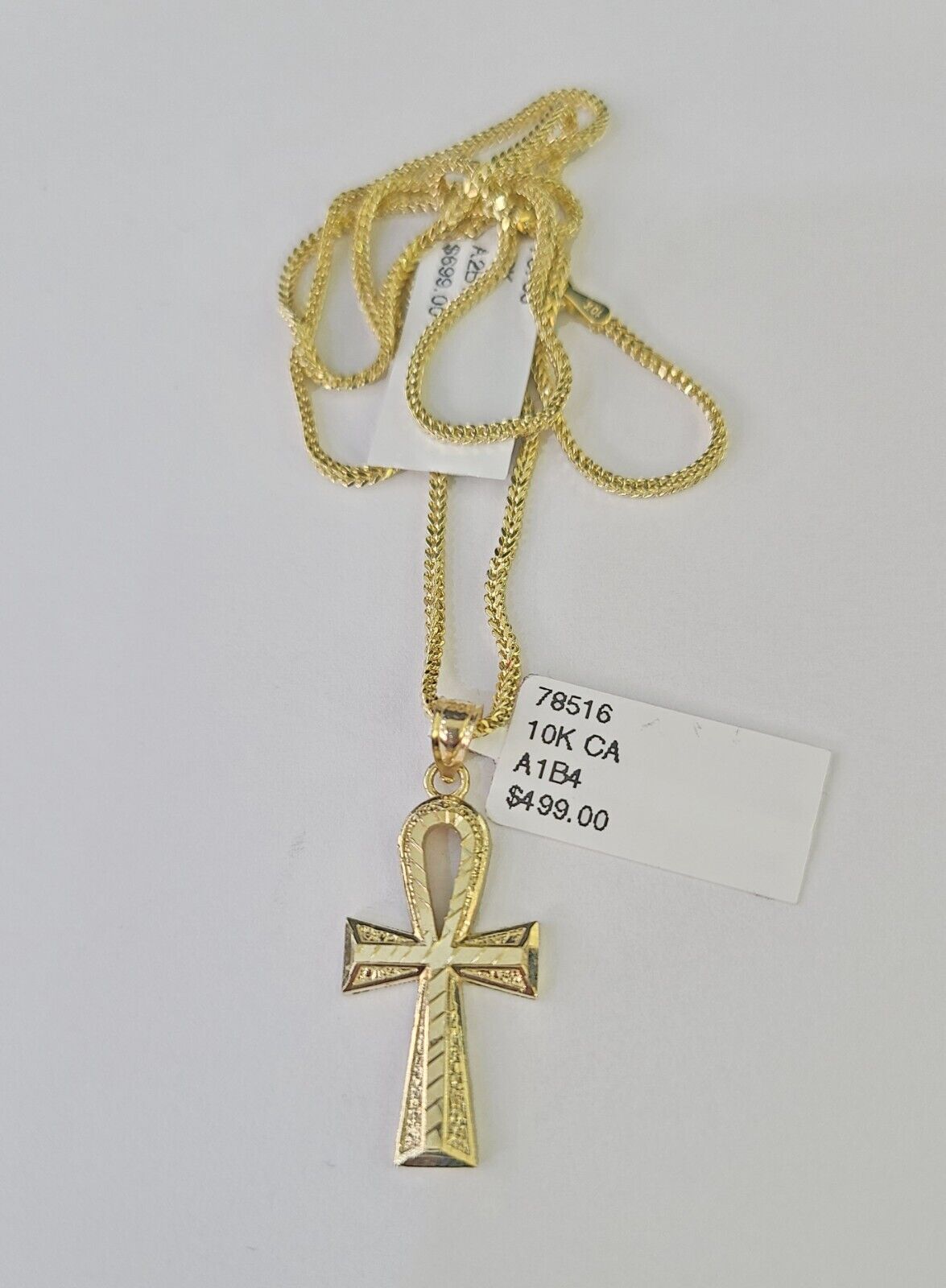 10K Gold Franco Chain Ankh Jesus Cross Charm SET 18-24 inches 1mm Necklace