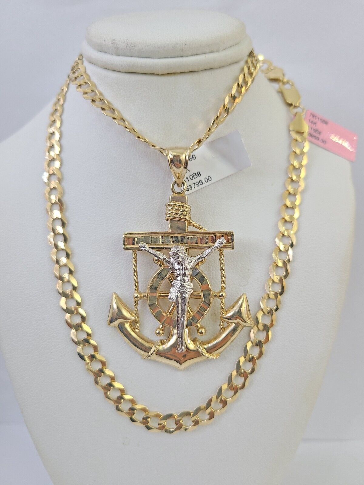 14k Gold Chain Jesus Anchor Charm Solid Cuban Curb 5mm 20"-28" SET Necklace