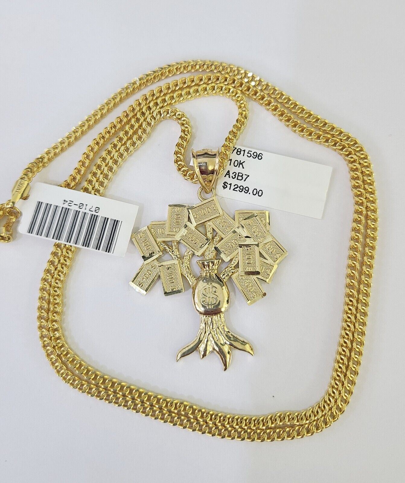 10K Franco Chain Money Tree Pendant Charm Necklace 20"-26" 2.5mm Yellow Gold