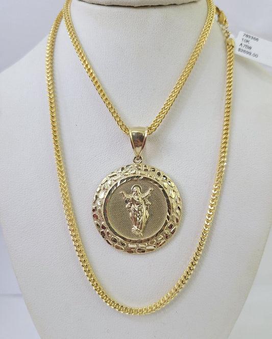 10K Franco Chain Jesus Pendant Charm Necklace 20"-26" 2.5mm Yellow Gold