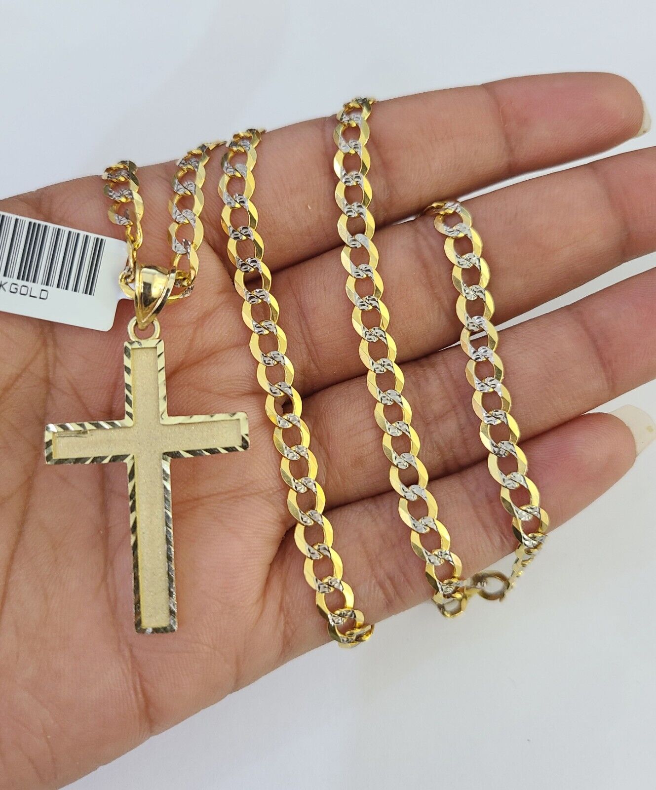 10k Gold Chain Cross Charm Solid Cuban Curb Link 5mm 18"-28" Inch DiamondCut SET