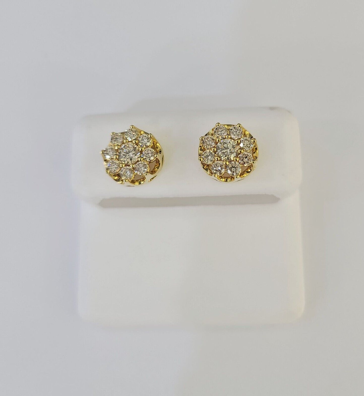 10k Diamond Flower Earrings Yellow gold Real screw-back Women Men Studs