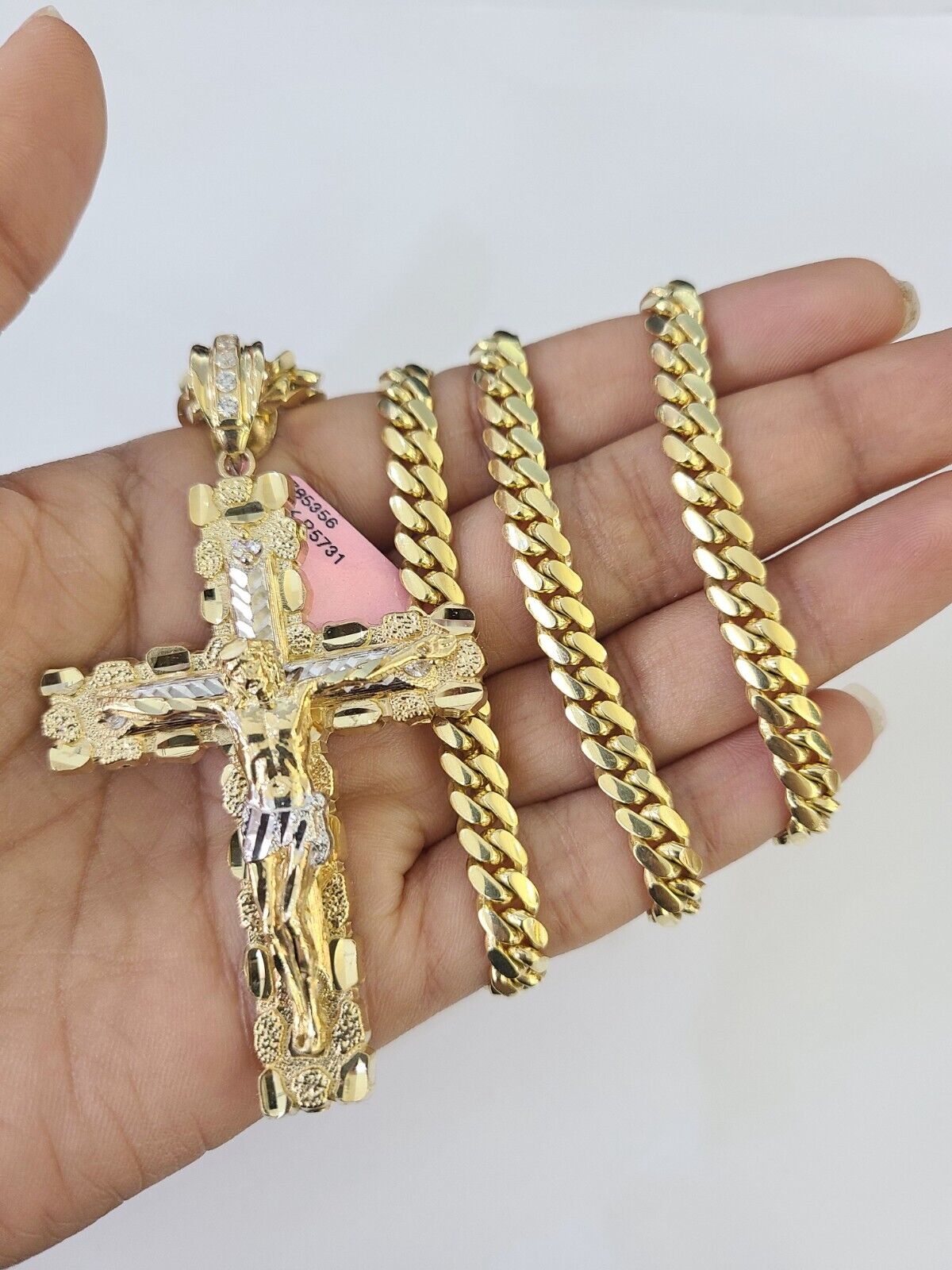 Real 14k Solid Chain Cross Charm Set Miami Cuban Link 6mm Necklace Pendant Gold