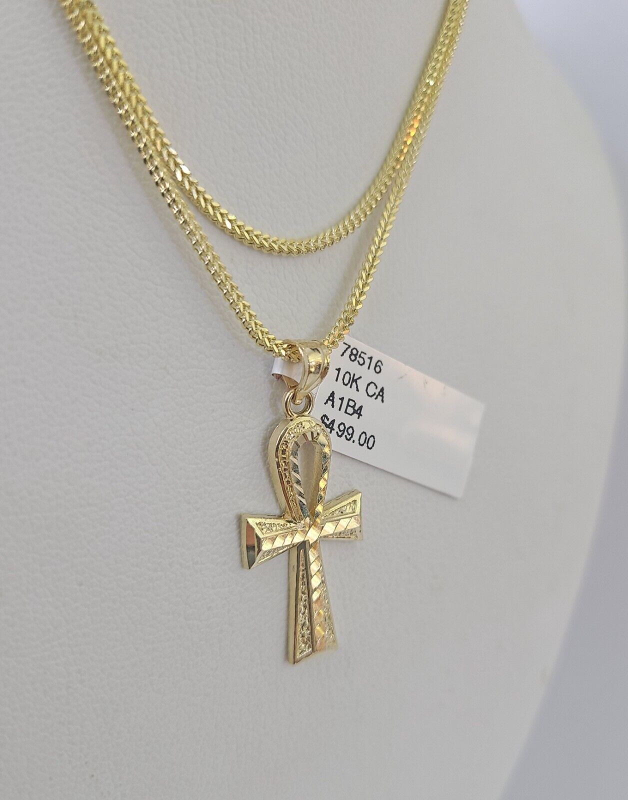 10K Gold Franco Chain Ankh Jesus Cross Charm SET 18-24 inches 1mm Necklace