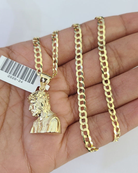 10k Gold Cuban Curb Chain Jesus Head Charm Solid 4mm 18"-28" SET Necklace