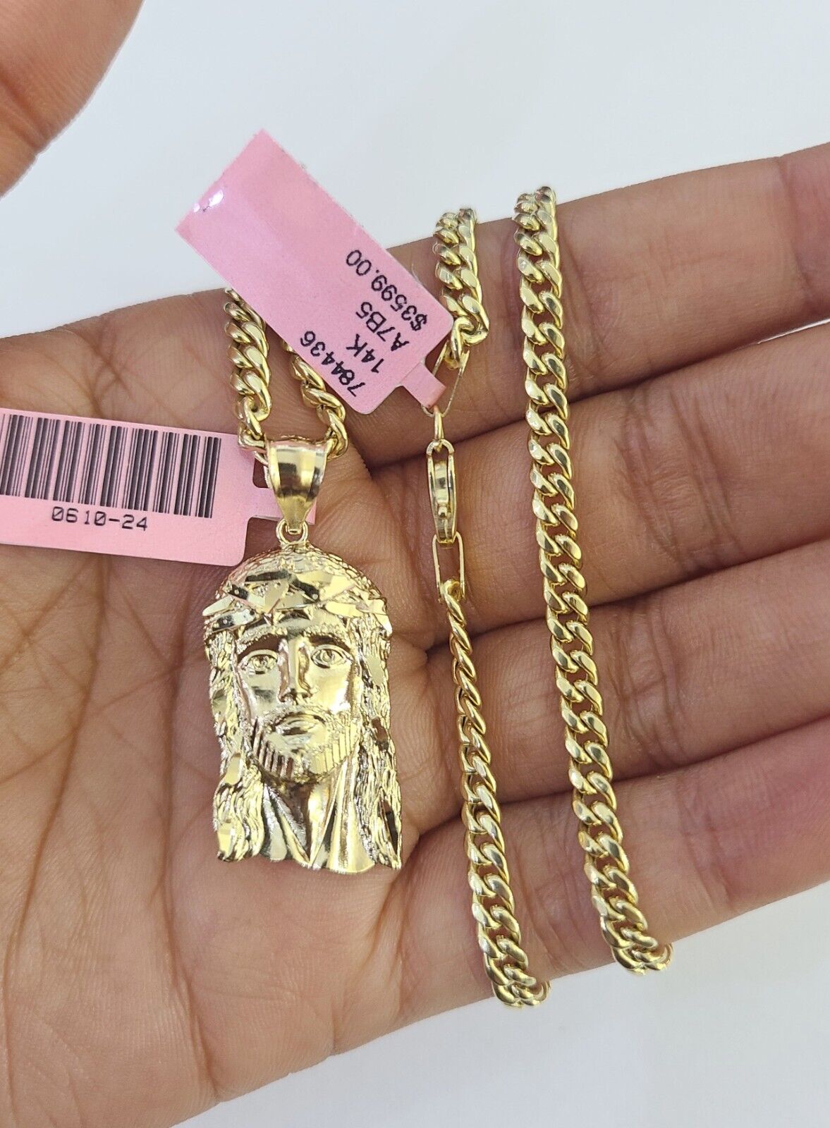 Real 14k Chain Jesus Head Charm Set Miami Cuban Link 4mm Necklace Pendant