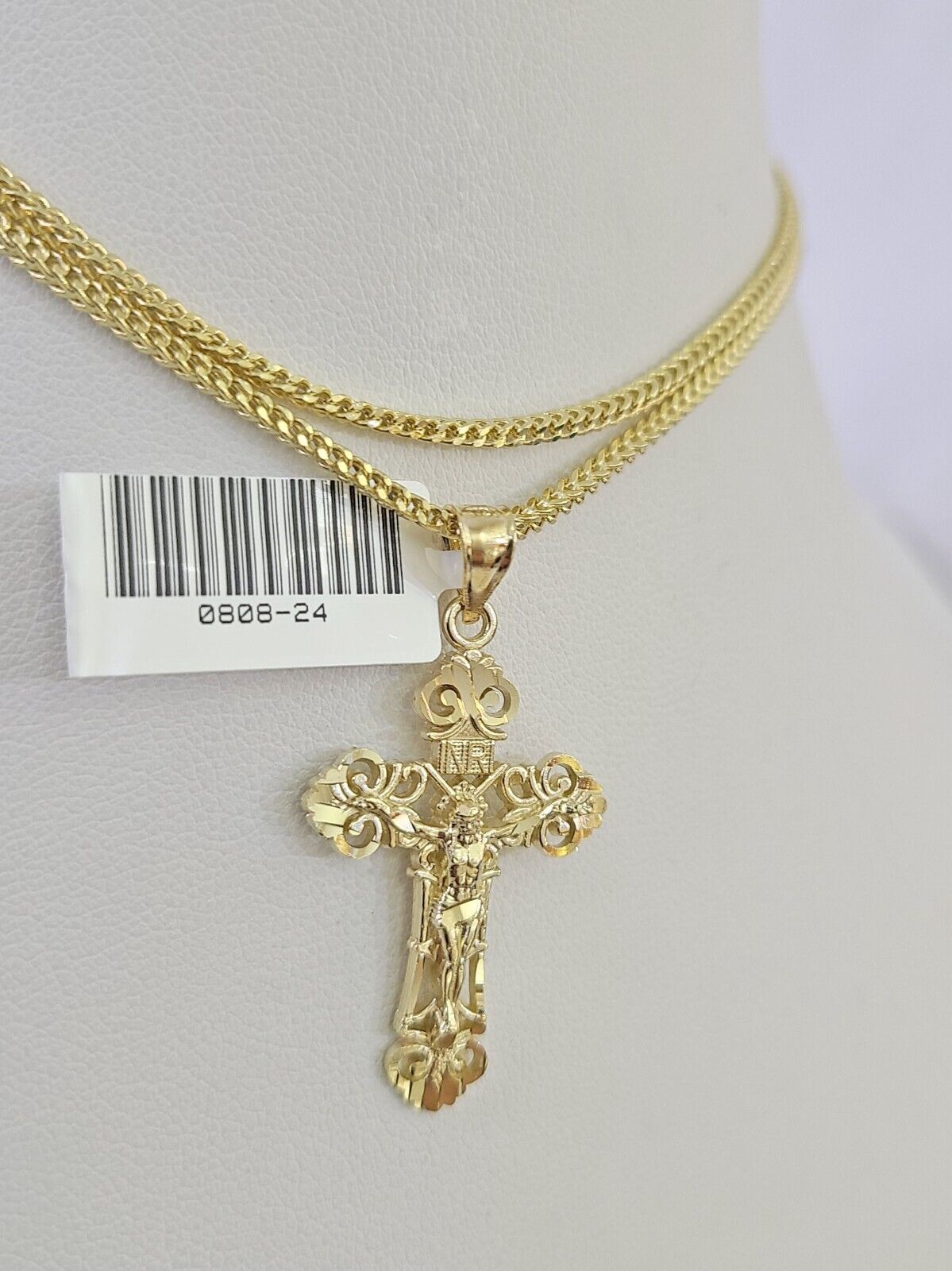 10K Franco Chain Jesus Cross Pendant Charm Necklace 16"-24" 2mm Gold SET Yellow