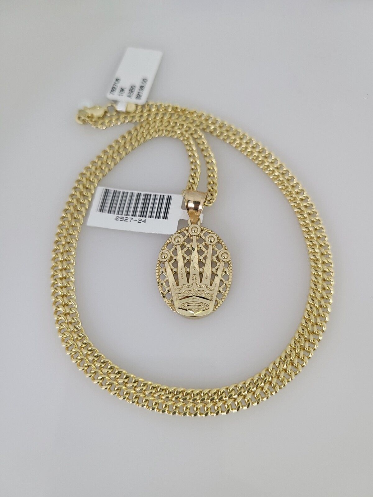 10k Gold Miami Cuban Chain Crown Charm Pendant 3mm 18-28in Necklace Set