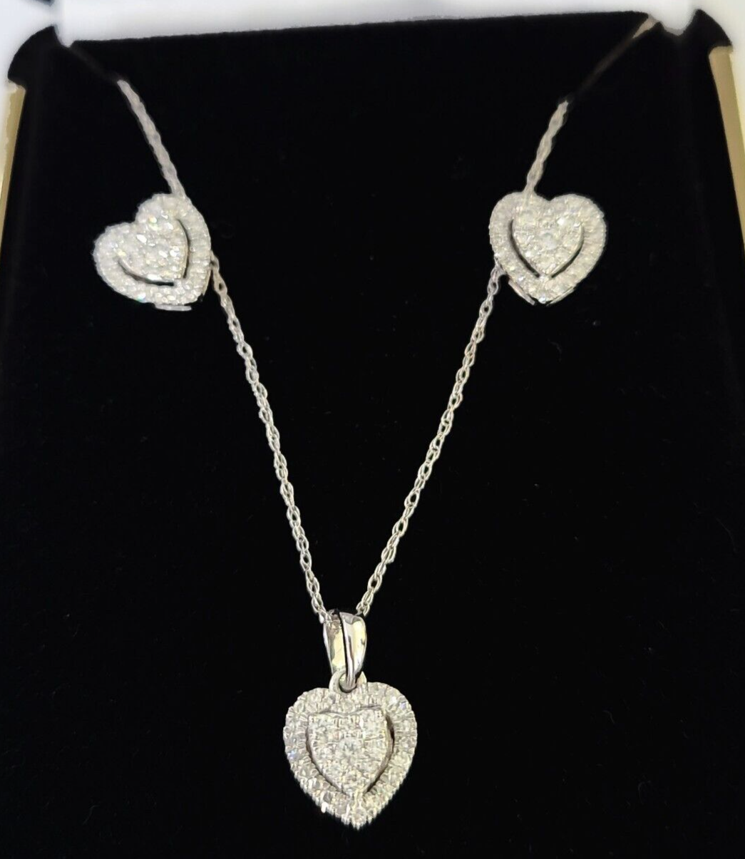 Real 14k White Gold Heart Diamond Necklace Earrings SET Chain Women