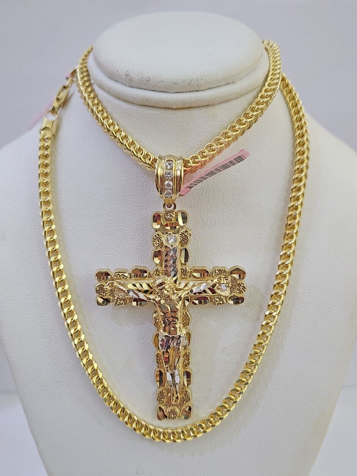 14k Gold Chain Jesus Cross Charm Solid Cuban Curb 5mm 20"-26" Inch SET Necklace