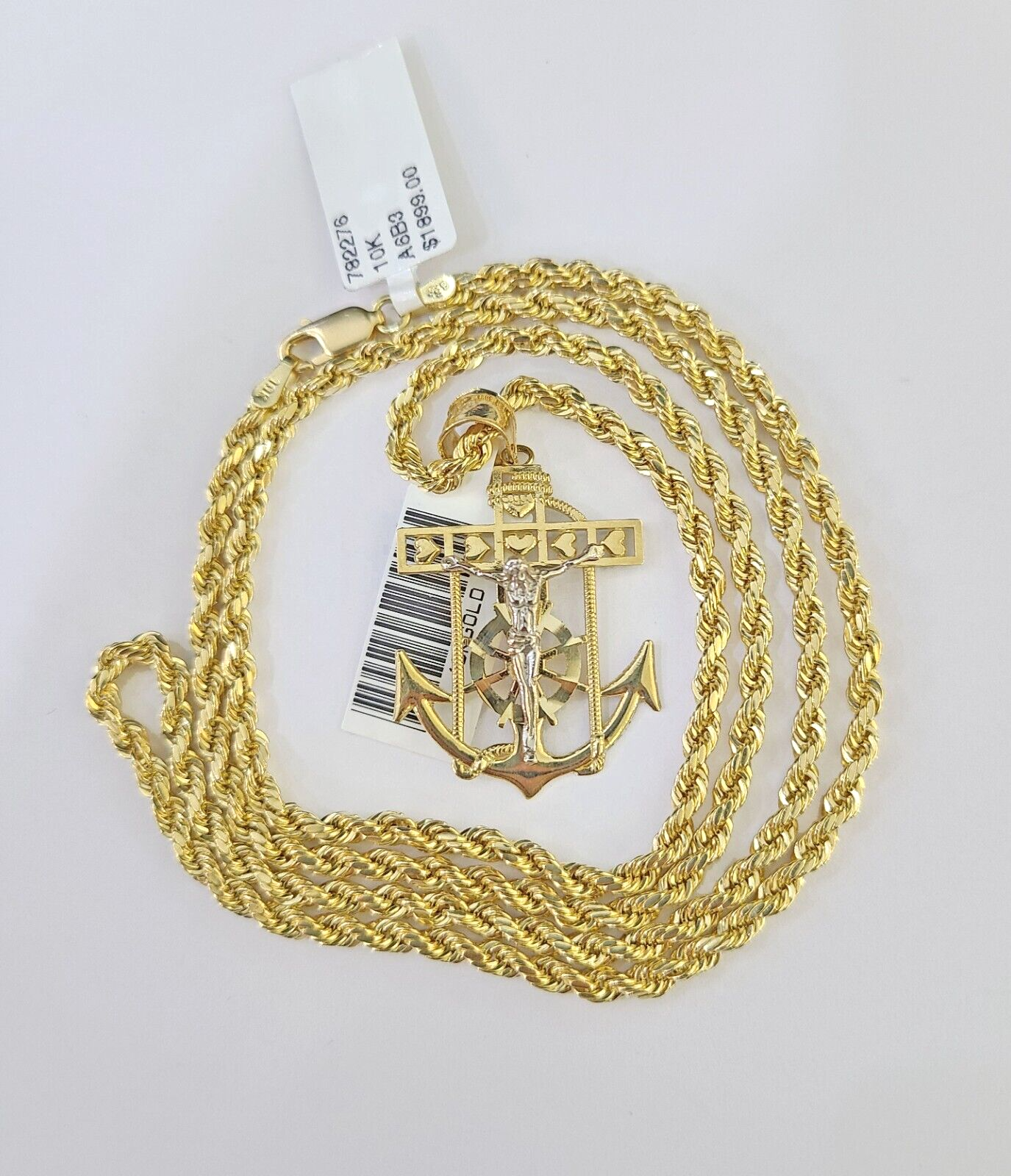 Real 10k 3mm Rope Chain Anchor Pendant 18" 20" 22" 24" 26" Gold Set