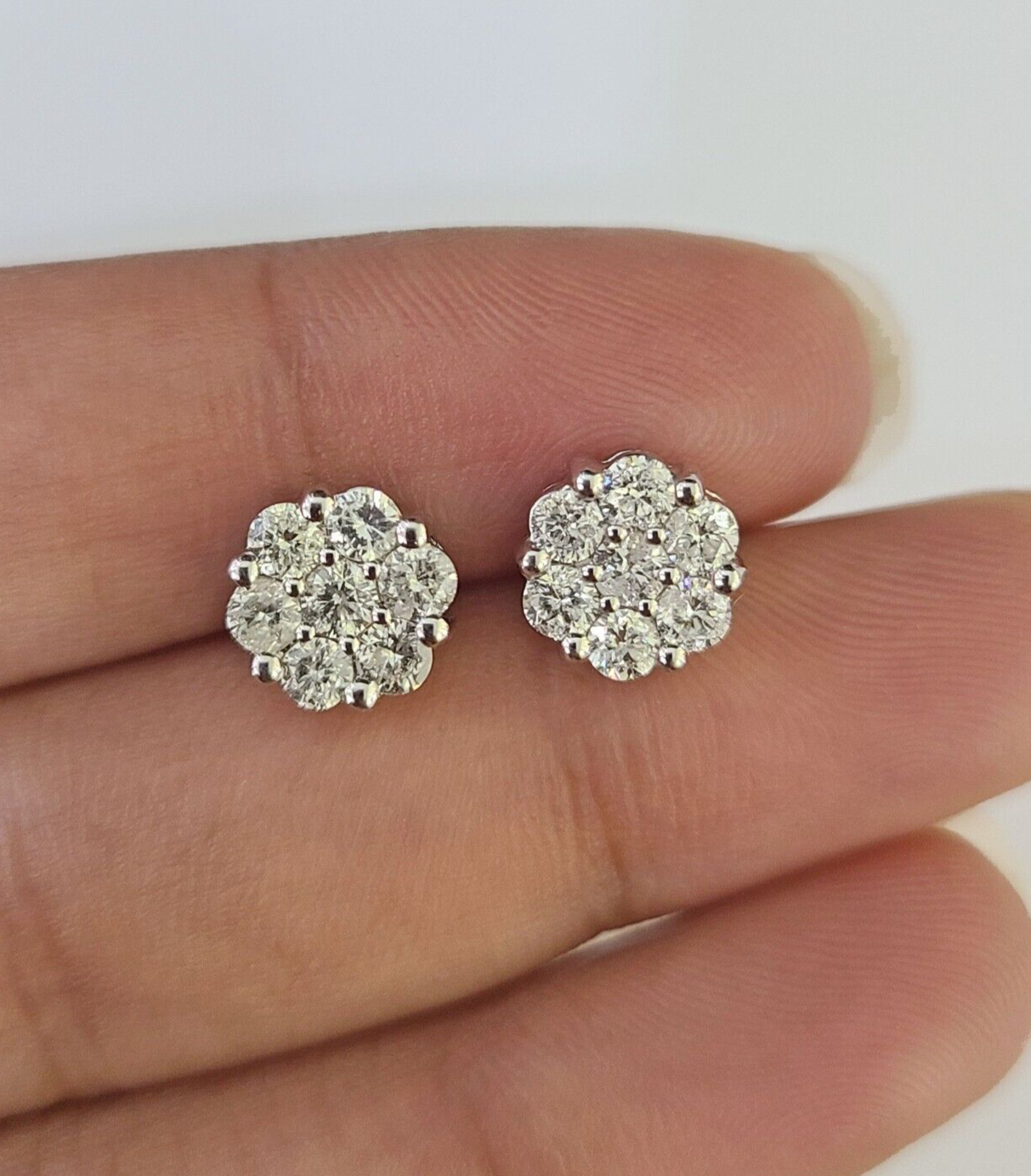 14k White Gold Flower Earrings Real Diamond Screw-Back Women Men Studs