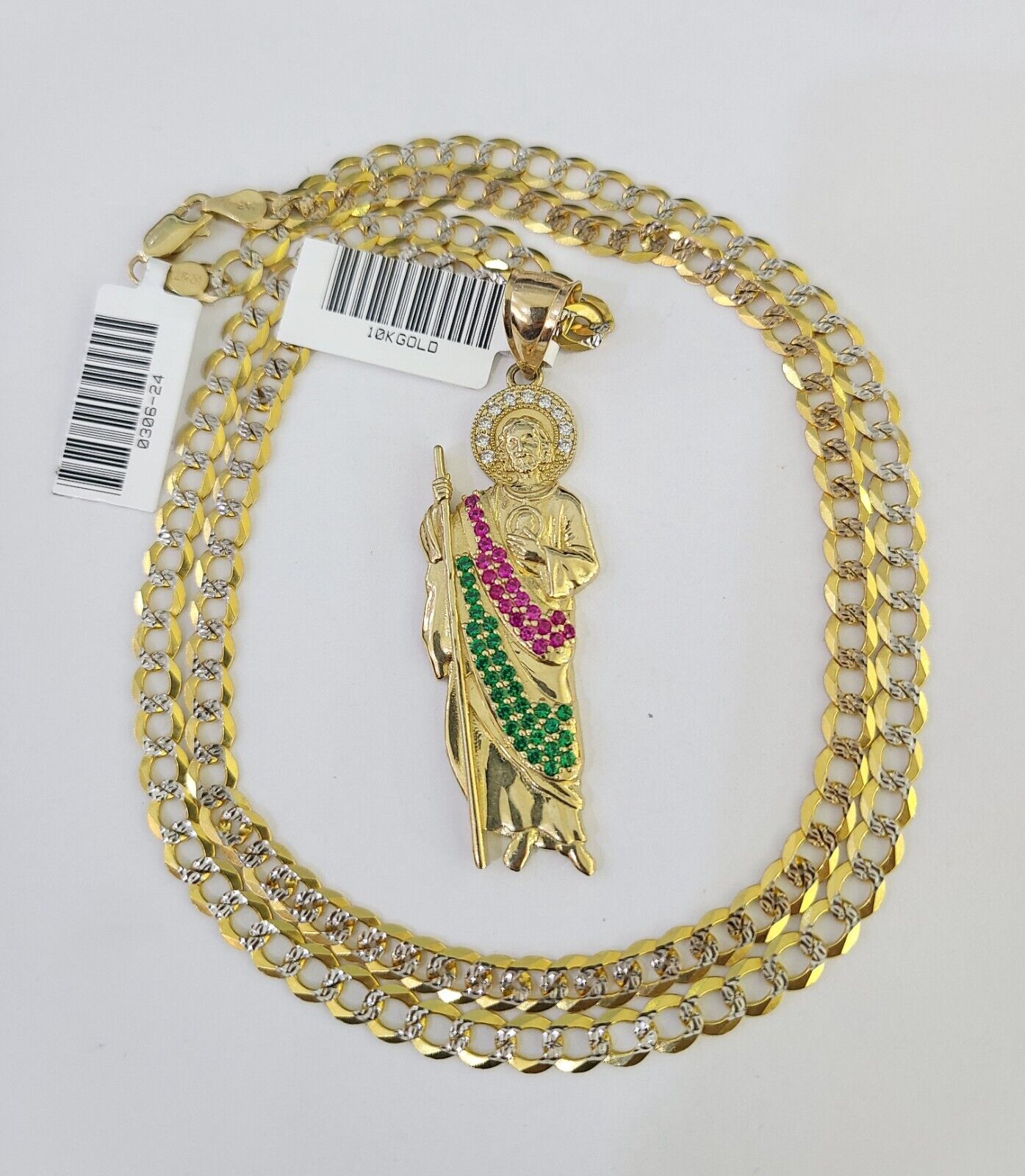 10k Gold Chain Saint Jude Charm Solid Cuban Curb Link 5mm 18"-28" Inch SET