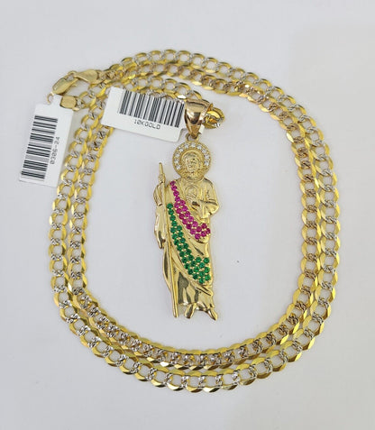 10k Gold Chain Saint Jude Charm Solid Cuban Curb Link 5mm 18"-28" Inch SET