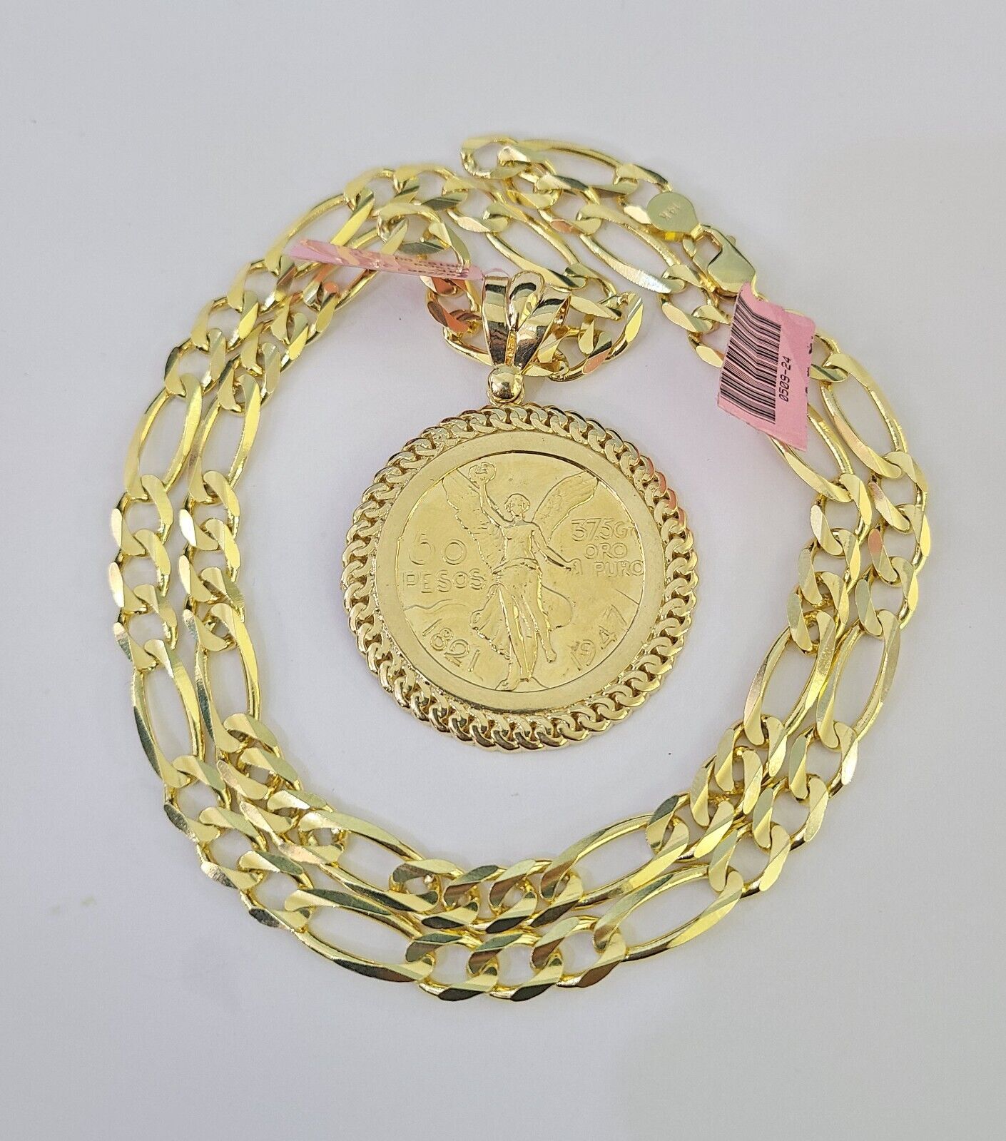 14k Solid Figaro Chain Centenario Bezel Pendant Gold 7mm 20-30 inch SET Necklace