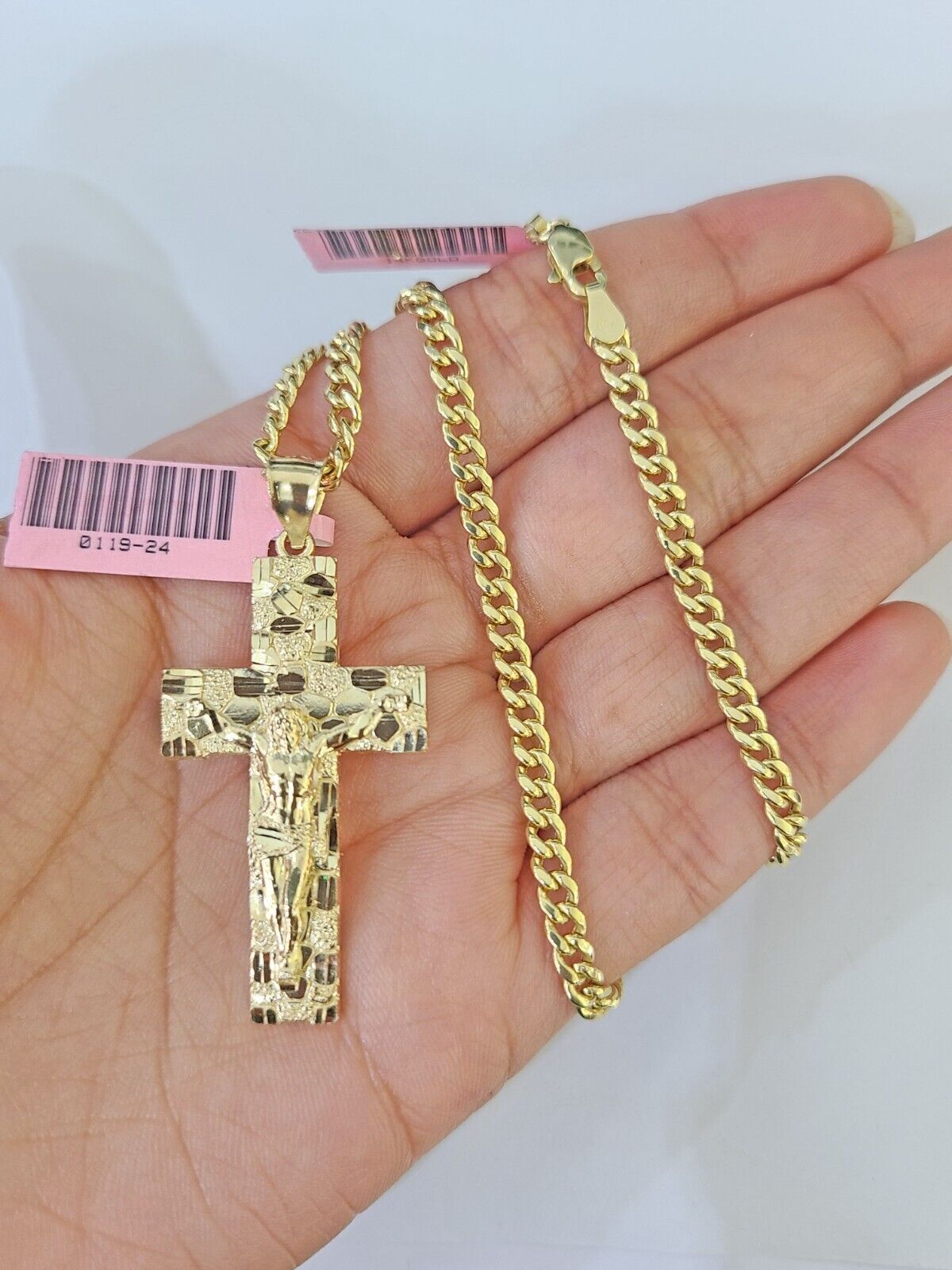 Real 14k Yellow Gold Chain Cross Charm Set Miami Cuban Link 4mm Necklace Pendant