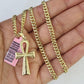 Real 14k Chain Cross Charm Set Miami Cuban Link 4mm Necklace Pendant Yellow Gold