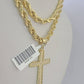 Real 10k Rope Chain Jesus Cross Charm Necklace Pendant Set 5mm 20"-30" Inch Gold