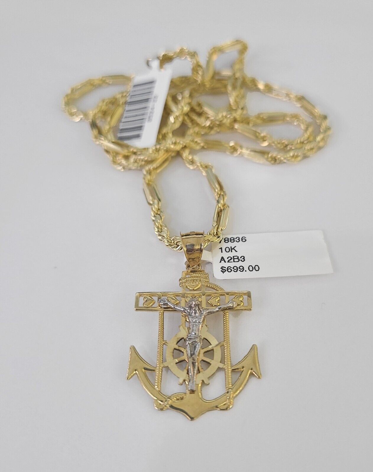 10k Milano Rope Chain Jesus Anchor Charm Necklace SET 3mm 18" 20" 22" 24"