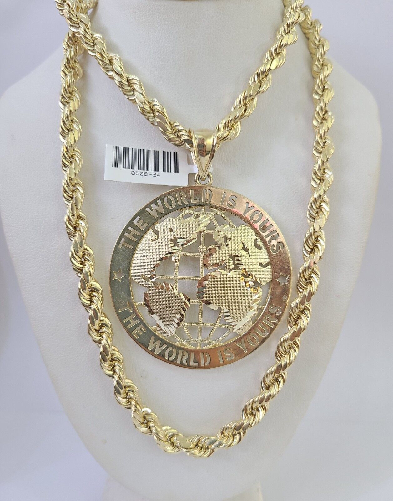 Real 10k Rope Chain World is Yours Charm Set 7mm 20"-28" Inch Necklace Gold