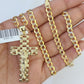 10k Gold Chain Cross Charm Solid Cuban Curb Link 5mm 18"-28" Inch DiamondCut SET