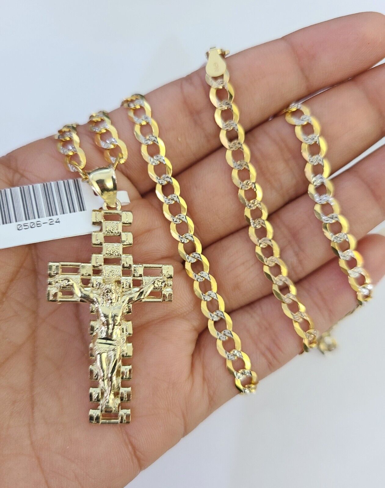 10k Gold Chain Cross Charm Solid Cuban Curb Link 5mm 18"-28" Inch DiamondCut SET