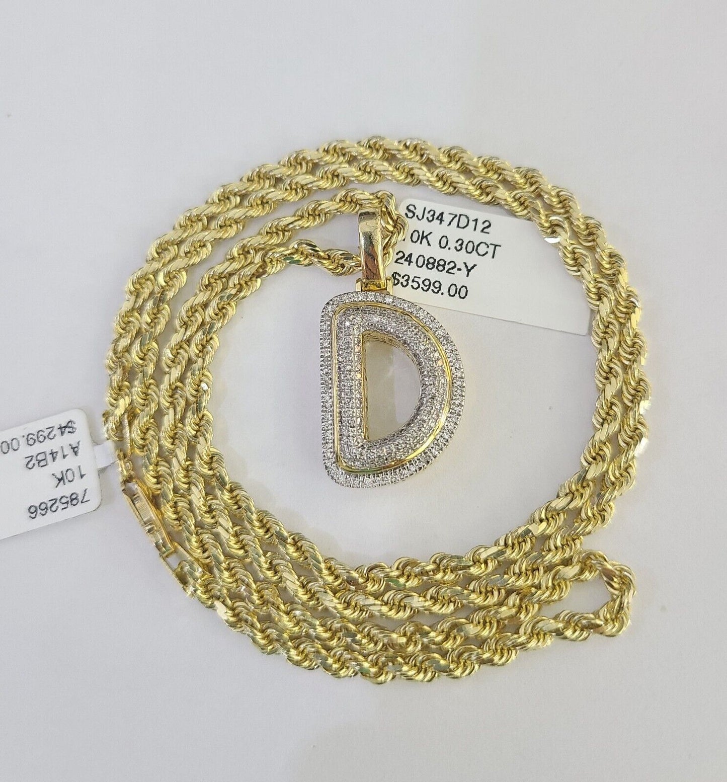 10k 3mm Rope Solid Chain D Diamond Pendant Alphabet 18"-28" Gold Charm Necklace