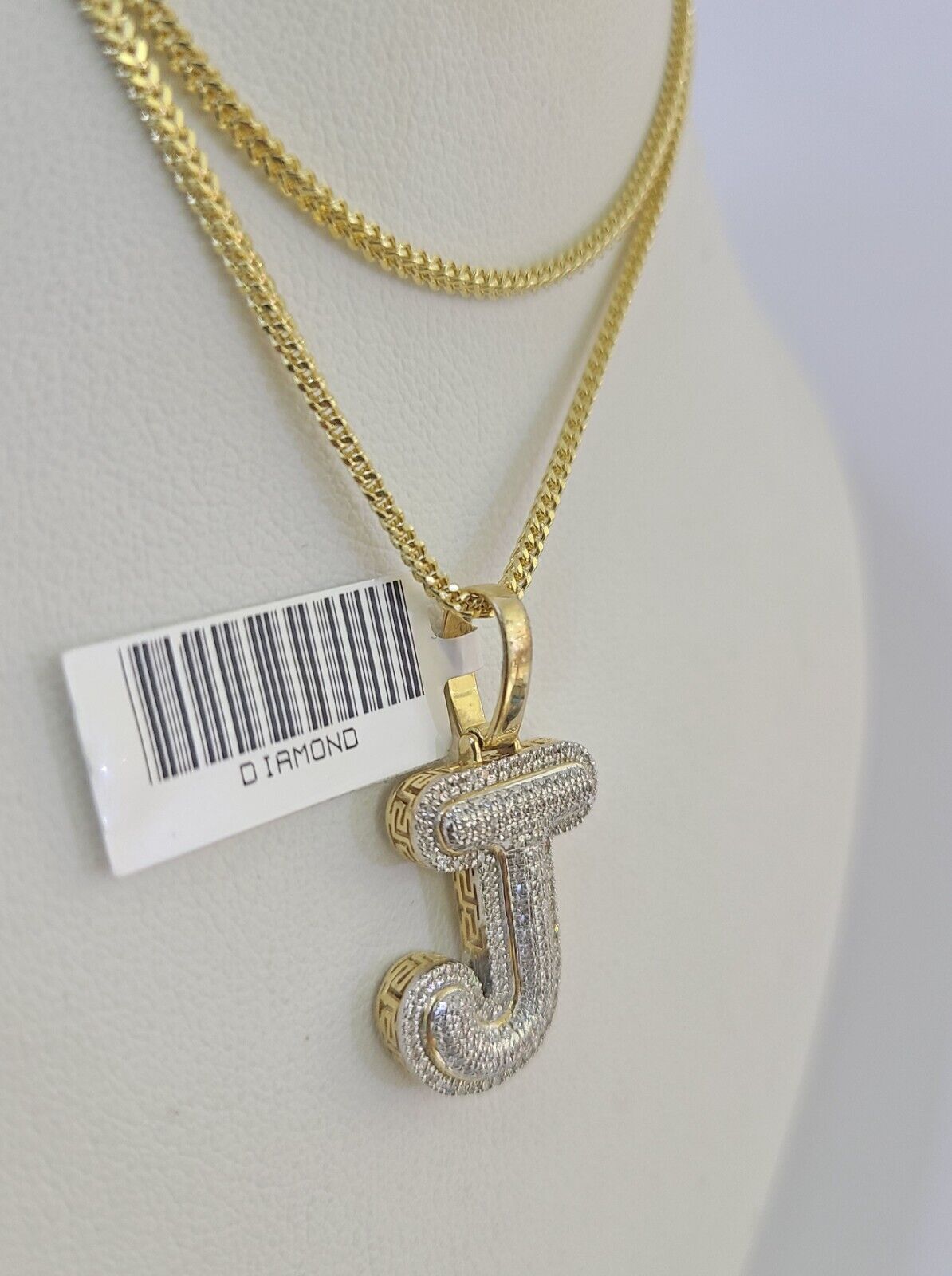 10K Franco Chain Diamond J Pendant Initial Charm Letter Necklace 18"-24" 1.5mm