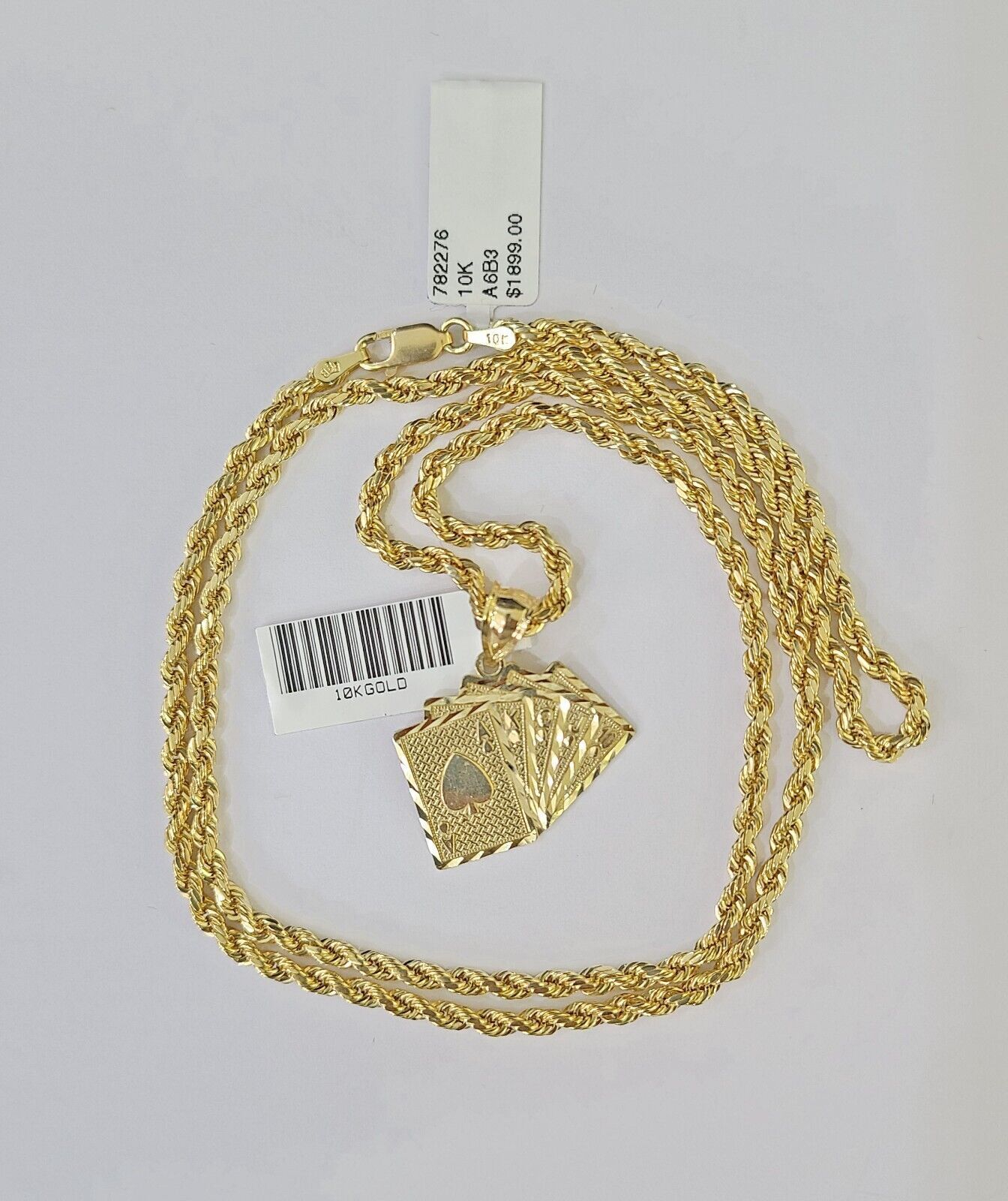 Real 10k 3mm Rope Chain Royal Flush Pendant 18" 20" 22" 24" 26" Gold Set